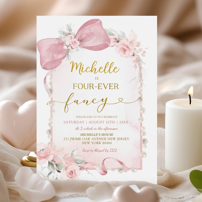 Invitación Pink Floral Bow Cuatro-siempre lujosos cumpleaños (Subido por el creador)