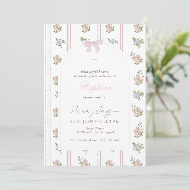 Invitación Pink Floral Bow Elegant Christian Girl Baptism (Anverso de pie)