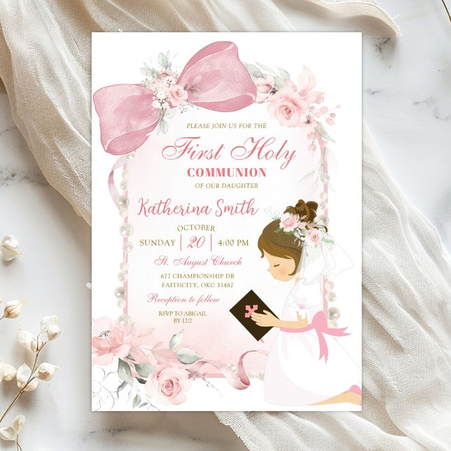 Invitación Pink Floral Bow Girl First Holy Communion (Subido por el creador)
