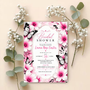 Invitación Pink Floral Bridal Shower Invitation with Butterfl