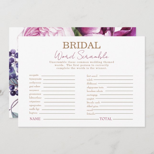 Invitación Pink Floral Bridal Shower Word Scramble Game (Anverso / Reverso)