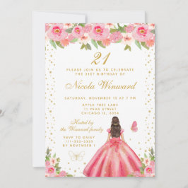 Invitación Pink Floral Brunette Hair Princess Birthday Party