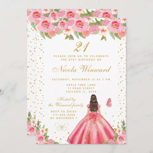 Invitación Pink Floral Brunette Hair Princess Birthday Party (Anverso / Reverso)