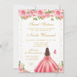 Invitación Pink Floral Brunette Hair Princess Sweet Sixteen