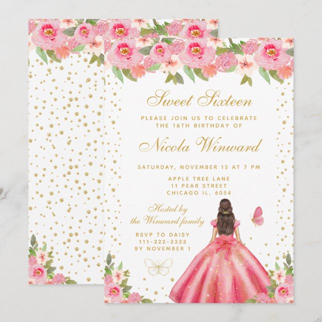 Invitación Pink Floral Brunette Hair Princess Sweet Sixteen (Anverso / Reverso)