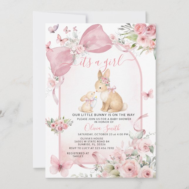 Invitación Pink Floral Bunny Pink Bow Baby Shower Invitation (Anverso)