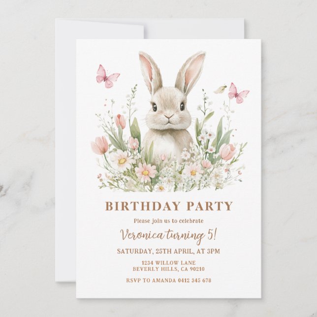Invitación Pink Floral Bunny Rabbit Girl Birthday Party  (Anverso)