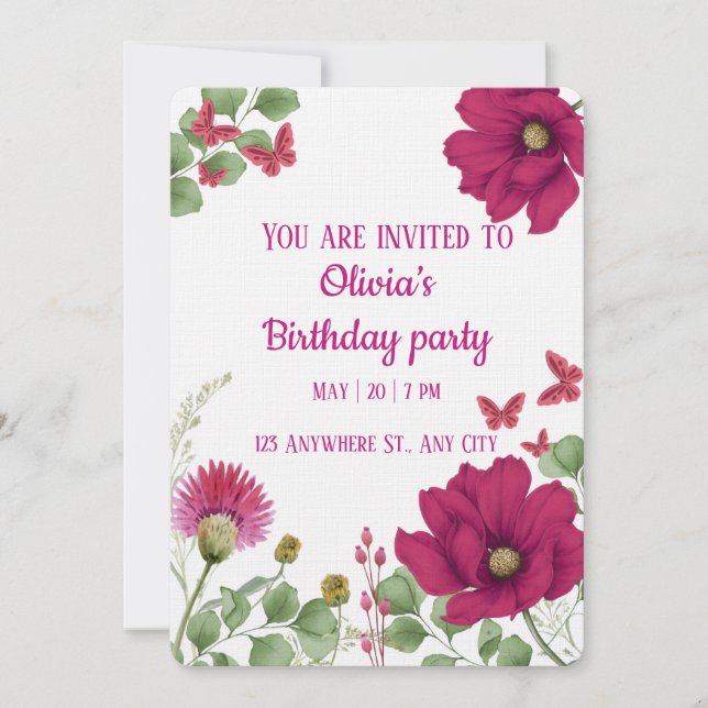 Invitación Pink Floral Butterfly  Birthday Invitation (Anverso)