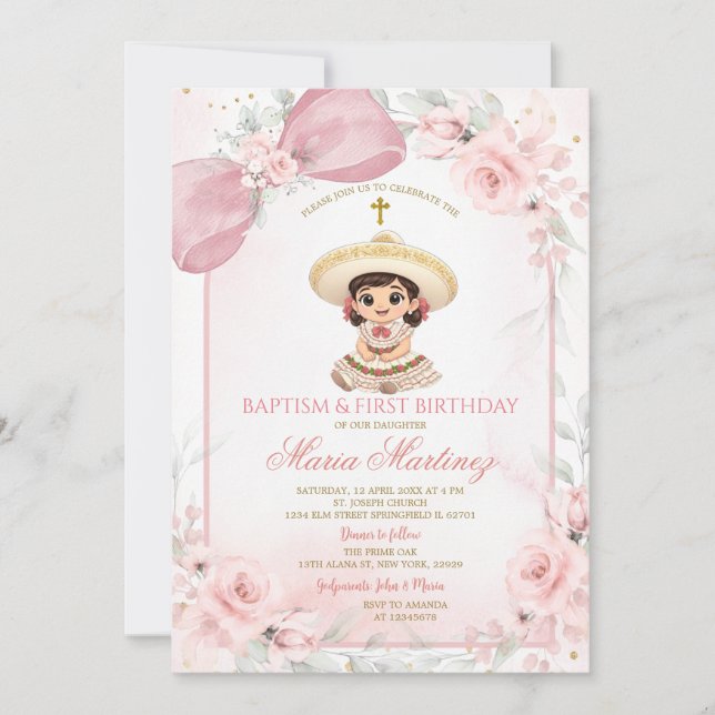 Invitación Pink Floral Charra Girl Baptism & First Birthday (Anverso)