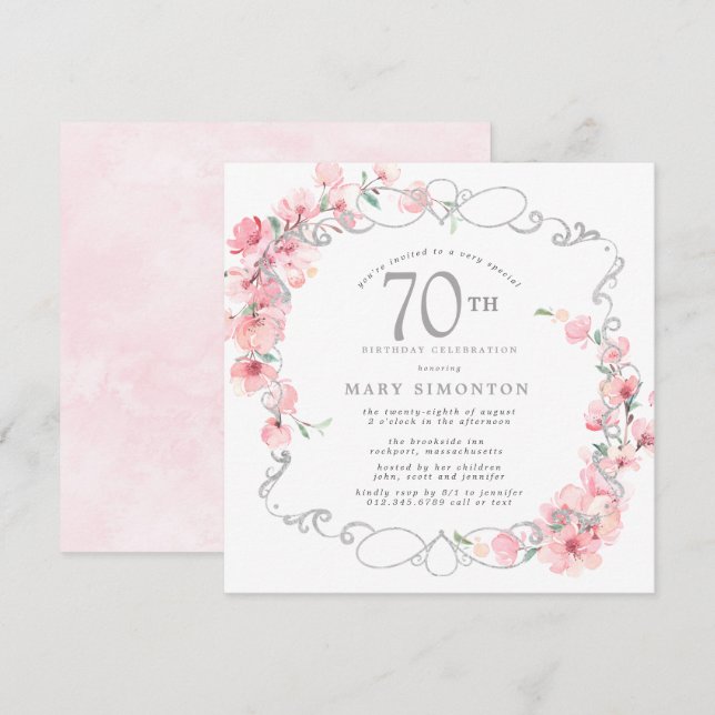 Invitación Pink Floral Cherry Blossom 70th Birthday Party (Anverso / Reverso)