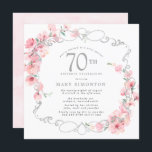 Invitación Pink Floral Cherry Blossom 70th Birthday Party<br><div class="desc">Las flores blandas de cerezo rosa se entrelazan con un elegante marco plateado. Los detalles de la fiesta de cumpleaños número 70 están escritos en un texto gris suave. Esta invitación cuadrada de cumpleaños tiene una suave coloración rosa en la parte posterior. Forma parte de la colección 70th Birthday Cherry...</div>