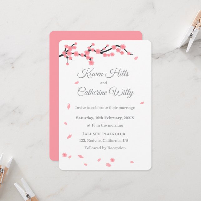 Invitación Pink Floral Cherry Blossom Wedding Invitation (Anverso/Reverso In Situ)