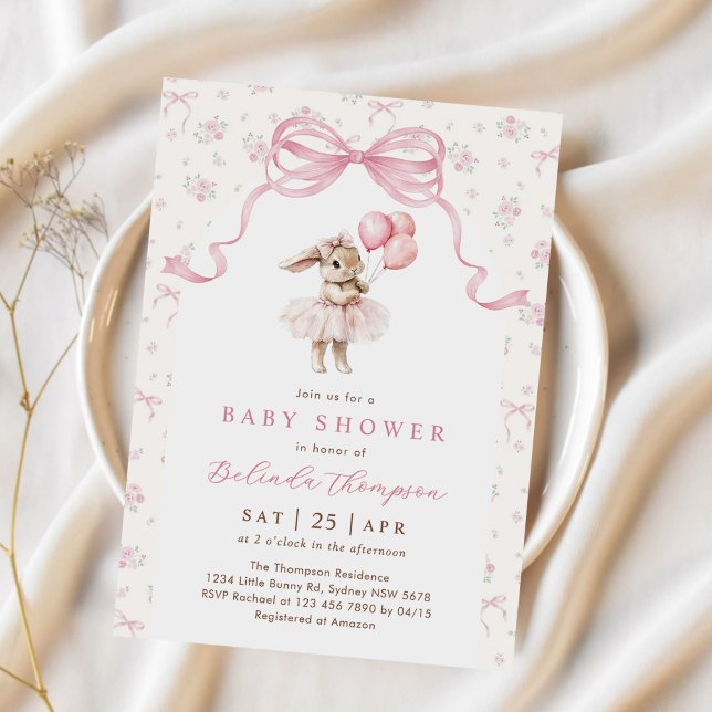 Invitación Pink Floral Coquette Bow Bunny Baby Shower (Subido por el creador)