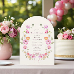Invitación Pink Floral coquette Wreath Baby Shower QR Invite