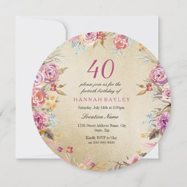 Invitación Pink Floral Country Gold 40 cumpleaños Fiesta (Anverso)