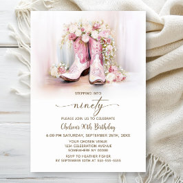 Invitación Pink Floral Cowgirl Boots 90th Birthday Party