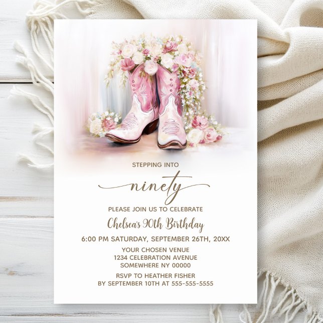 Invitación Pink Floral Cowgirl Boots 90th Birthday Party (Subido por el creador)