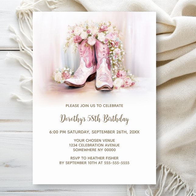 Invitación Pink Floral Cowgirl Boots Birthday Party (Subido por el creador)