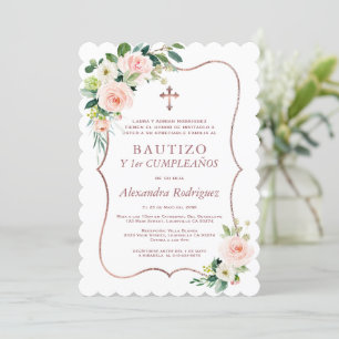 Invitación Pink Floral Cross Spanish 1st Birthday Baptism