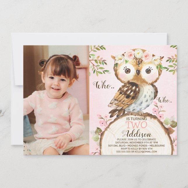 Invitación Pink Floral Crown Owl Photo Birthday Invitation (Anverso)
