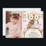 Invitación Pink Floral Crown Owl Photo Birthday Invitation<br><div class="desc">Pink Floral Crown Owl Photo Birthday Invitation Sweet girl's owl themed second birthday invitation featuring a cute watercolor owl wearing a pink floral crown, some woodland foliage and flowers. This design also has room for your little girl's photo. This invite is great for a little girl's second birthday party. All...</div>