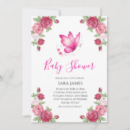 Invitación Pink Floral Cute Butterfly Baby Shower Invitation