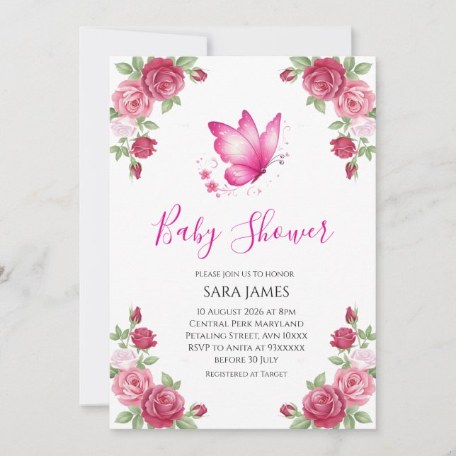 Invitación Pink Floral Cute Butterfly Baby Shower Invitation (Anverso)