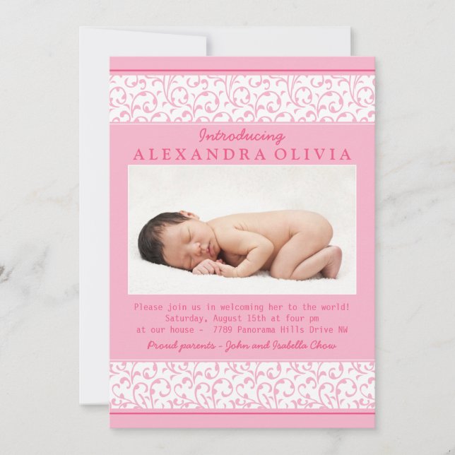 Invitación Pink Floral Damask Photo Sip N Ver Baby Shower (Anverso)