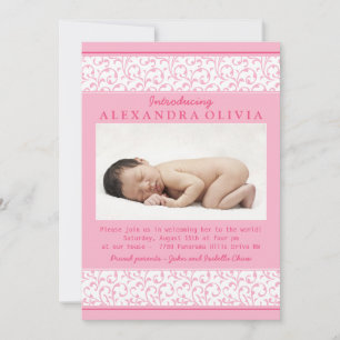 Invitación Pink Floral Damask Photo Sip N Ver Baby Shower