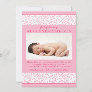 Invitación Pink Floral Damask Photo Sip N Ver Baby Shower