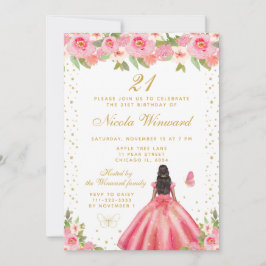 Invitación Pink Floral Dark Skin Princess Birthday Party