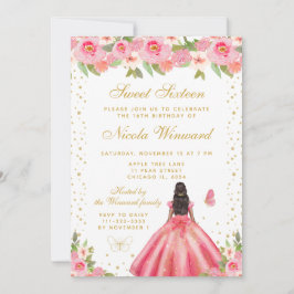 Invitación Pink Floral Dark Skin Princess Sweet Sixteen