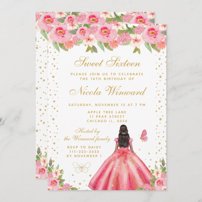 Invitación Pink Floral Dark Skin Princess Sweet Sixteen (Anverso / Reverso)
