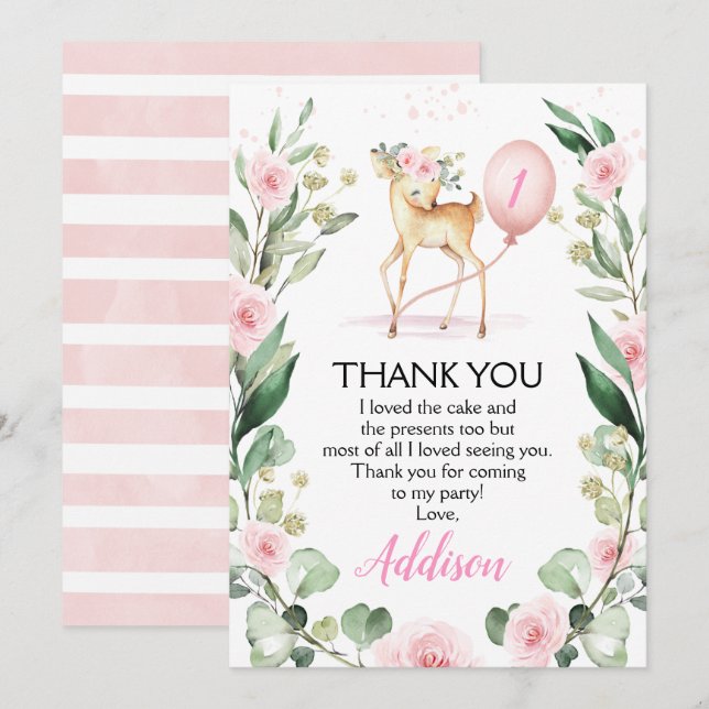 Invitación Pink Floral Deer Birday (Cumpleaños del ciervo flo (Anverso / Reverso)