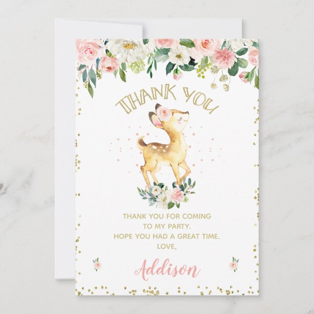 Invitación Pink Floral Deer Birday (Cumpleaños del ciervo flo (Anverso)