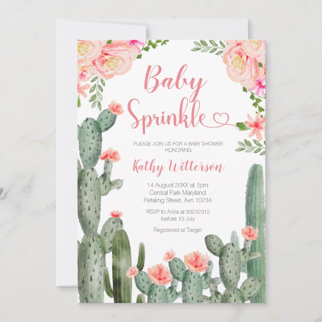 Invitación Pink Floral Desert Cactus Succulent Baby Sprinkle (Anverso)