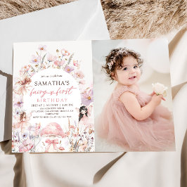 Invitación Pink Floral Fairy First Birthday Photo Invitation