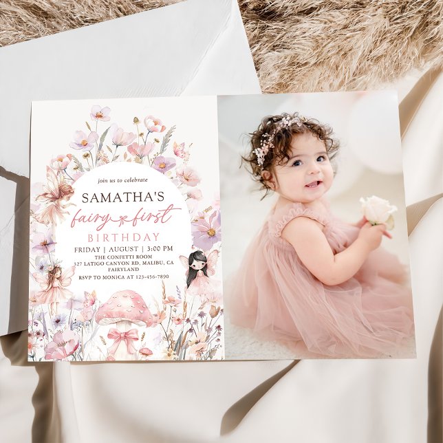 Invitación Pink Floral Fairy First Birthday Photo Invitation (Subido por el creador)