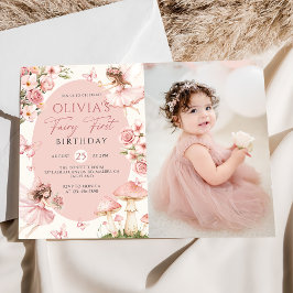 Invitación Pink Floral Fairy First Birthday Photo Invitation