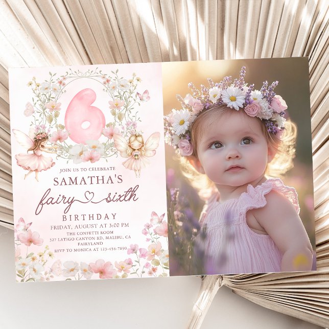 Invitación Pink Floral Fairy Garden 6th Birthday Photo (Subido por el creador)