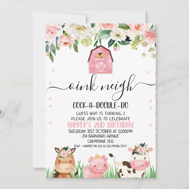 Invitación Pink Floral Farm Animal Calligraphy Cumpleaños (Anverso)