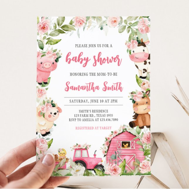 Invitación Pink Floral Farm Barnyard Baby Shower (Floral Pink Barnyard Baby Shower Invitation)