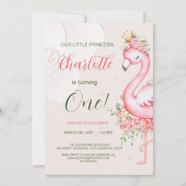 Invitación Pink Floral Flamingo Girl Birthday Invitation