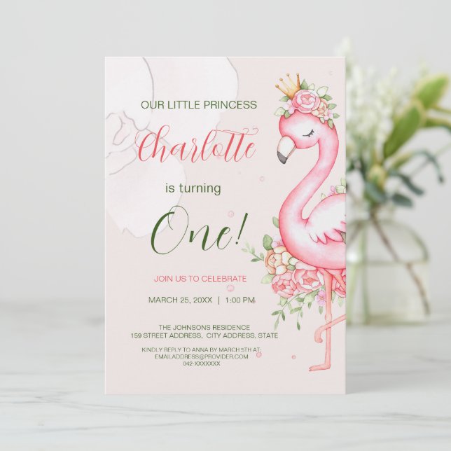 Invitación Pink Floral Flamingo Girl Birthday Invitation (Anverso de pie)
