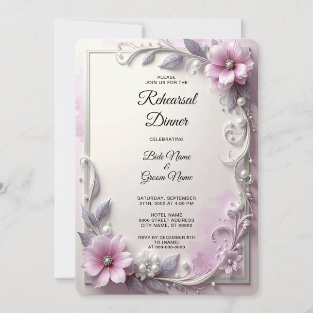 Invitación Pink Floral Frame Rehearsal Dinner (Anverso)