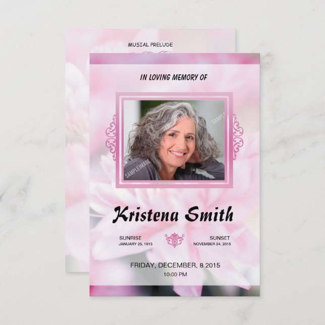 Invitación Pink Floral Funeral Program Card Template (Anverso / Reverso)