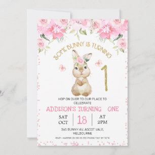 Invitación Pink Floral Furry Bunny Gold Primer Cumpleaños