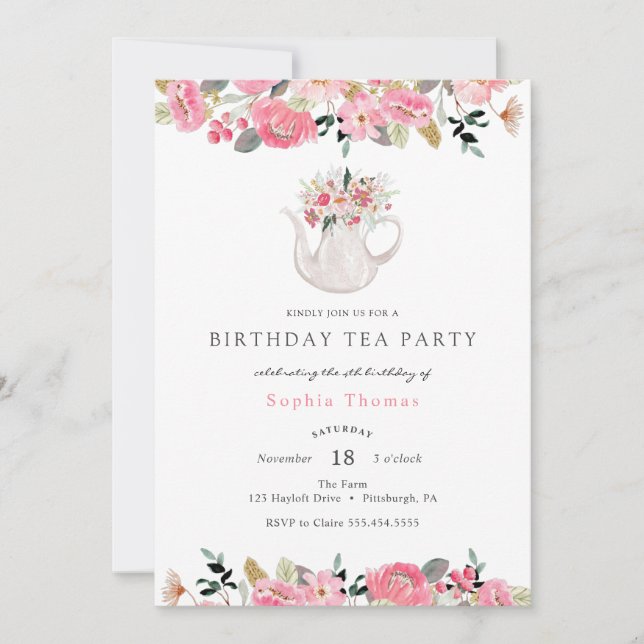 Invitación Pink Floral Garden Birthday Tea Fiesta (Anverso)