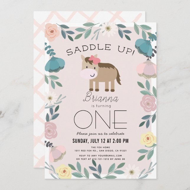 Invitación Pink Floral Garden Chica de Caballos Primer Cumple (Anverso / Reverso)