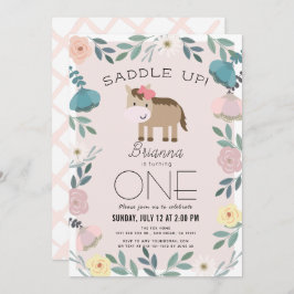 Invitación Pink Floral Garden Chica de Caballos Primer Cumple